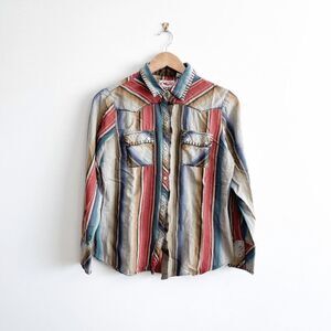 Roper Women's Shirt Western Madras Stripes Pearl Snap Up Long Shirt Size M